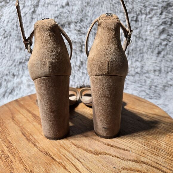 Sam Edelman Womens 7M Suede Ankle Strap Chunky High Heels Camel Pumps Winter Dis - Picture 4 of 9
